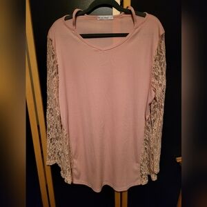 Elegant Pink Lace Sleeve Women's Top